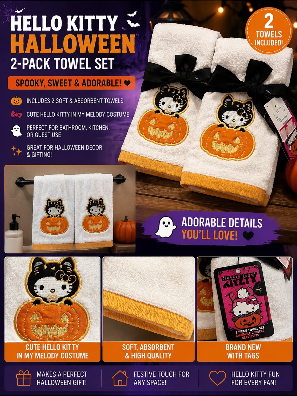 Hello Kitty White & Orange Pumpkin Embroidered Towel 2-Pack